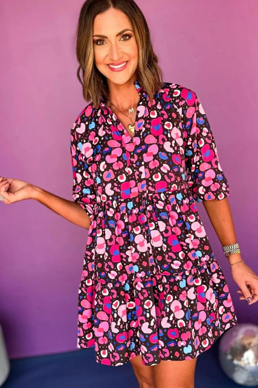 Online Dear-Lover Abstract Print V Neck Collared Half Sleeve Short Dress Rose
