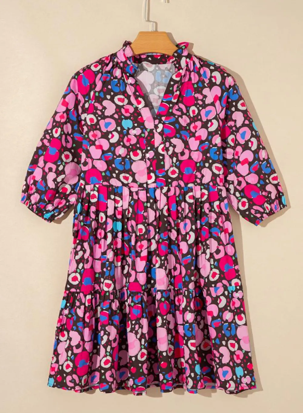Online Dear-Lover Abstract Print V Neck Collared Half Sleeve Short Dress Rose