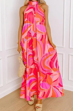 Sale Dear-Lover Abstract Printed High Neck Knotted Nape Sleeveless Maxi Dress Rose