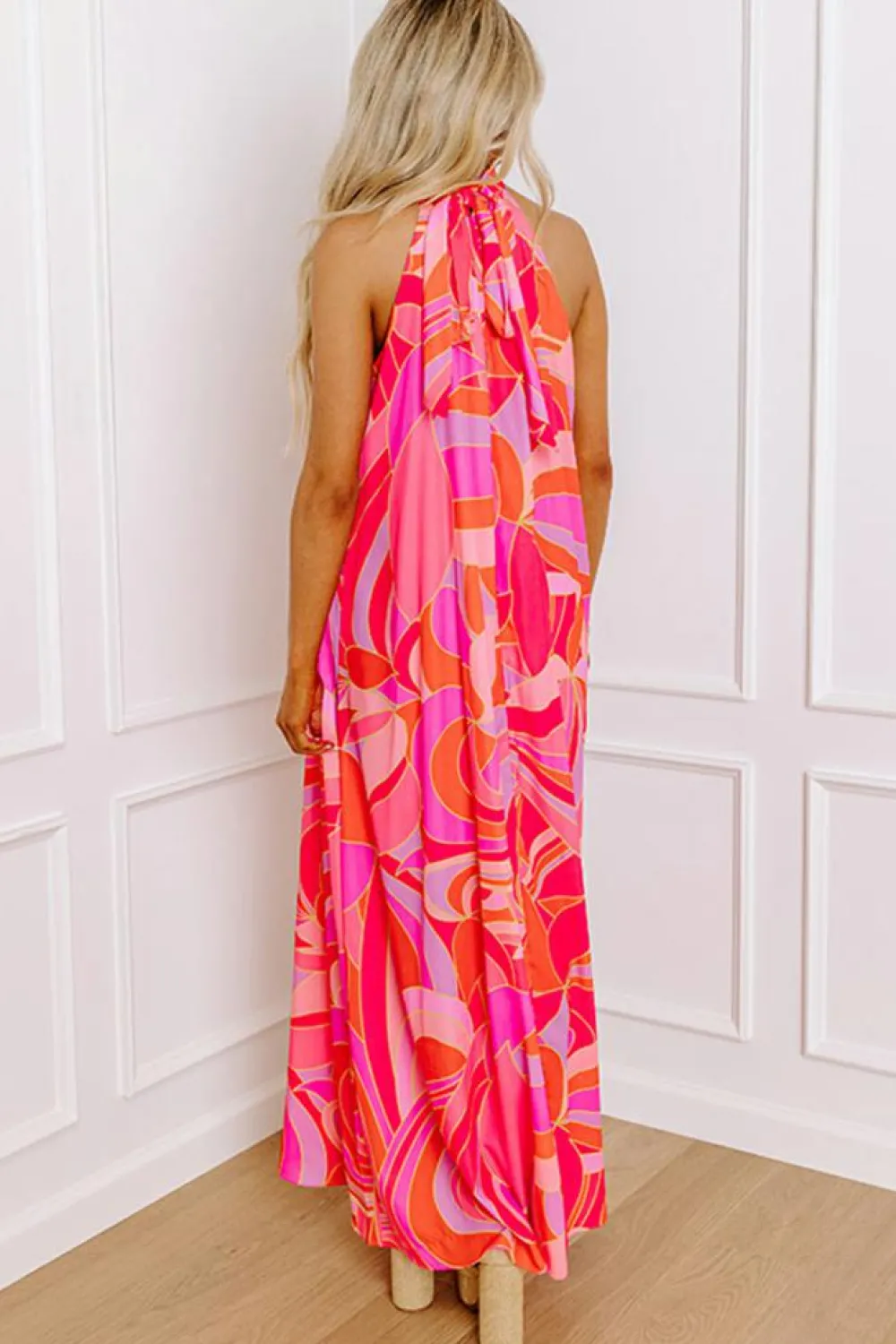 Sale Dear-Lover Abstract Printed High Neck Knotted Nape Sleeveless Maxi Dress Rose