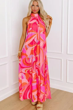 Sale Dear-Lover Abstract Printed High Neck Knotted Nape Sleeveless Maxi Dress Rose