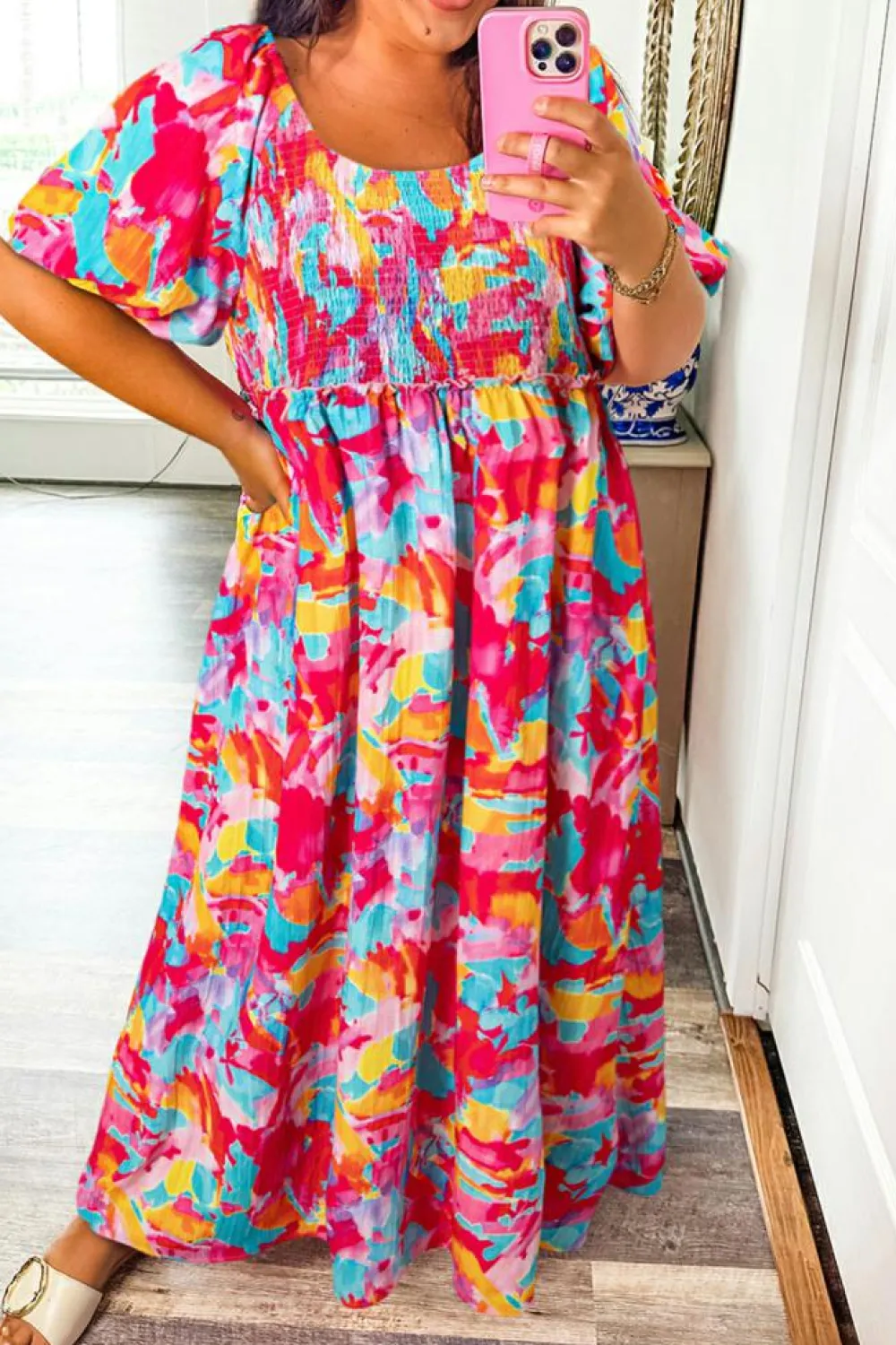 Fashion Dear-Lover Abstract Printed Puff Sleeve Square Neck Smocked Bust Tied Back Plus Size Dress Rose
