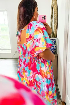 Fashion Dear-Lover Abstract Printed Puff Sleeve Square Neck Smocked Bust Tied Back Plus Size Dress Rose
