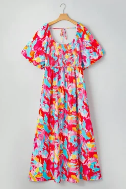 Fashion Dear-Lover Abstract Printed Puff Sleeve Square Neck Smocked Bust Tied Back Plus Size Dress Rose