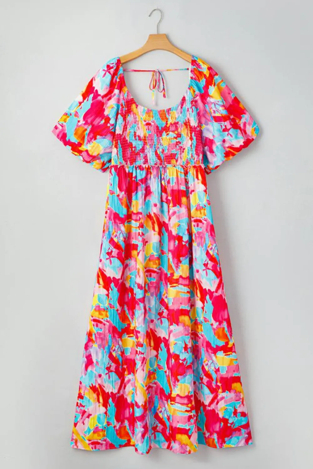 Fashion Dear-Lover Abstract Printed Puff Sleeve Square Neck Smocked Bust Tied Back Plus Size Dress Rose
