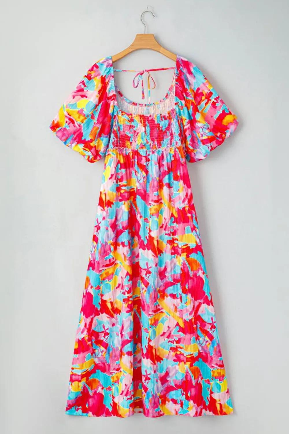Fashion Dear-Lover Abstract Printed Puff Sleeve Square Neck Smocked Bust Tied Back Plus Size Dress Rose