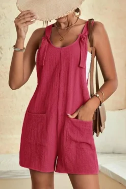 Clearance Dear-Lover Adjustable Straps Pocketed Textured Romper Rose