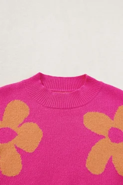 Sale Dear-Lover Big Flower Pattern Mock Neck Long Sleeve Sweater Rose