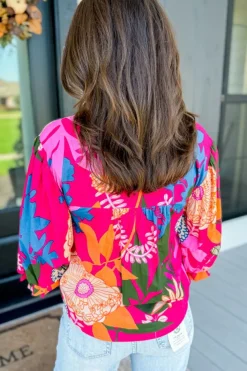 Best Dear-Lover Blooming Flower Print Ruffled Puff Sleeve Blouse Rose