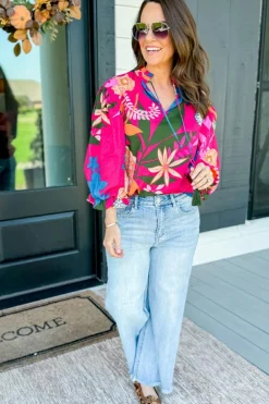 Best Dear-Lover Blooming Flower Print Ruffled Puff Sleeve Blouse Rose