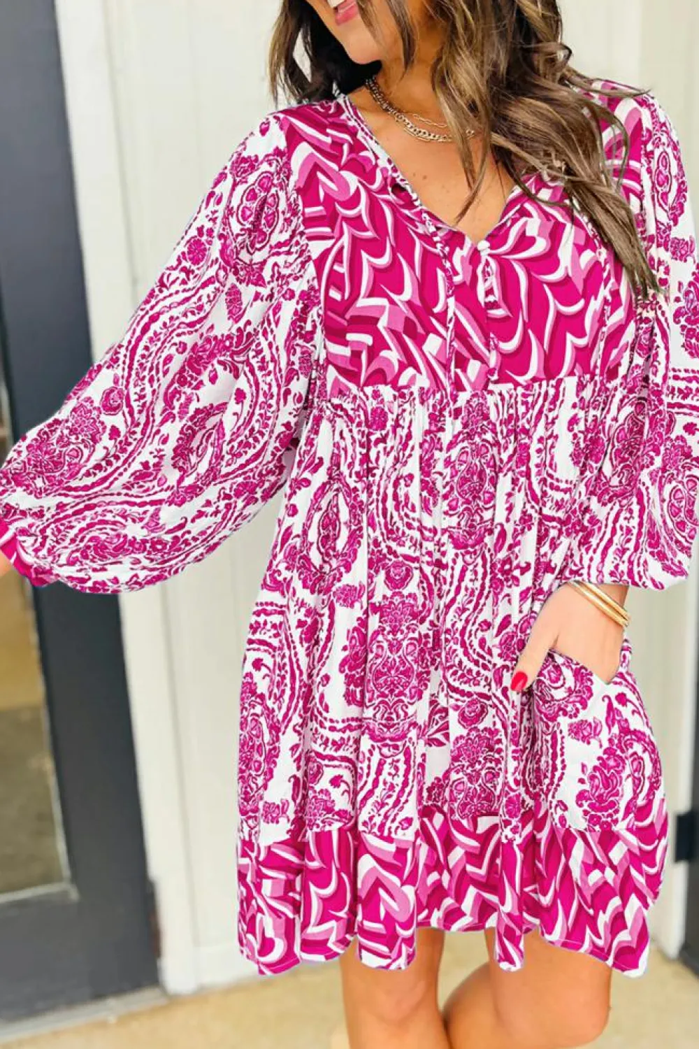 New Dear-Lover Bohemian Print Puff Sleeve Tied V Neck Flared Mini Dress Rose