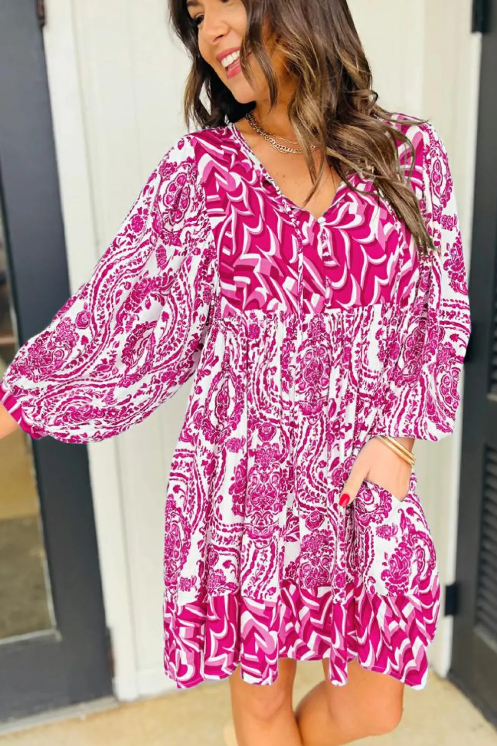 New Dear-Lover Bohemian Print Puff Sleeve Tied V Neck Flared Mini Dress Rose