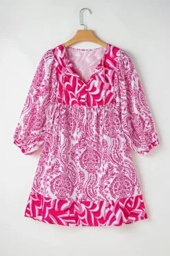 New Dear-Lover Bohemian Print Puff Sleeve Tied V Neck Flared Mini Dress Rose