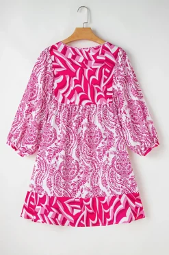 New Dear-Lover Bohemian Print Puff Sleeve Tied V Neck Flared Mini Dress Rose