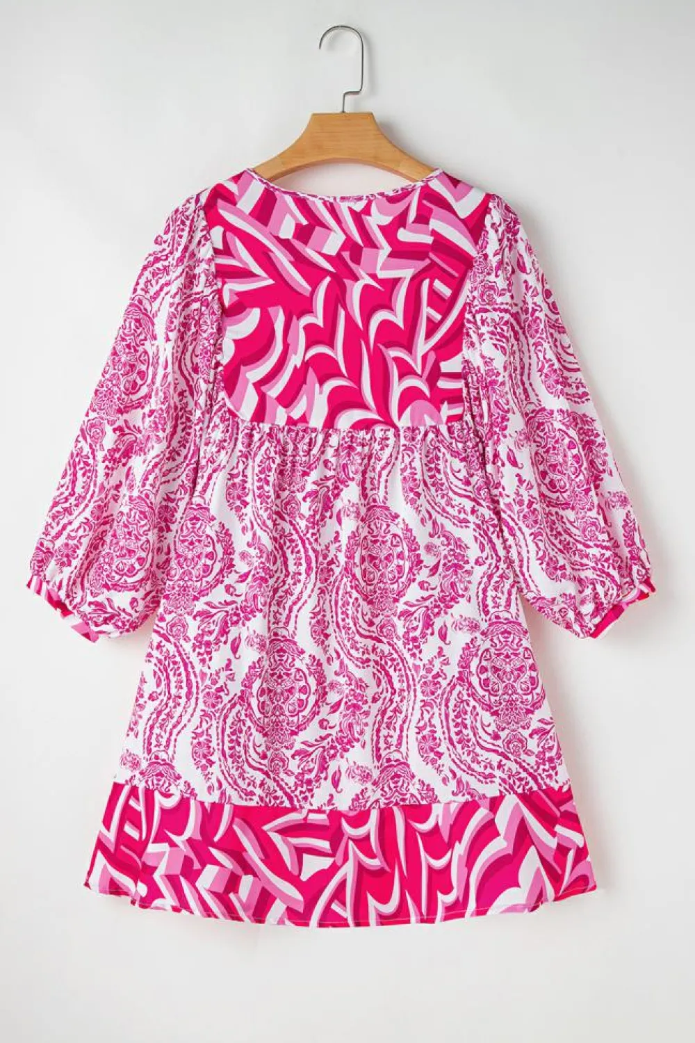 New Dear-Lover Bohemian Print Puff Sleeve Tied V Neck Flared Mini Dress Rose