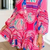 Outlet Dear-Lover Boho Abstract Printed Puff Sleeve Drawstring Waist Ruffled Mini Dress Rose