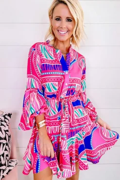Outlet Dear-Lover Boho Abstract Printed Puff Sleeve Drawstring Waist Ruffled Mini Dress Rose