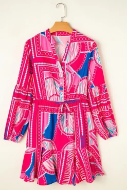 Outlet Dear-Lover Boho Abstract Printed Puff Sleeve Drawstring Waist Ruffled Mini Dress Rose