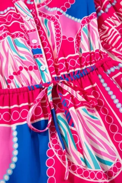 Outlet Dear-Lover Boho Abstract Printed Puff Sleeve Drawstring Waist Ruffled Mini Dress Rose
