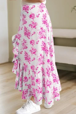 New Dear-Lover Boho Floral High Waist Ruffle Split Maxi Skirt Rose