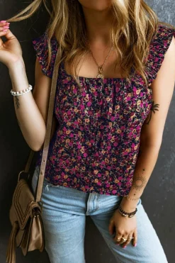 Sale Dear-Lover Boho Frilled Straps Floral Tank Top Rose