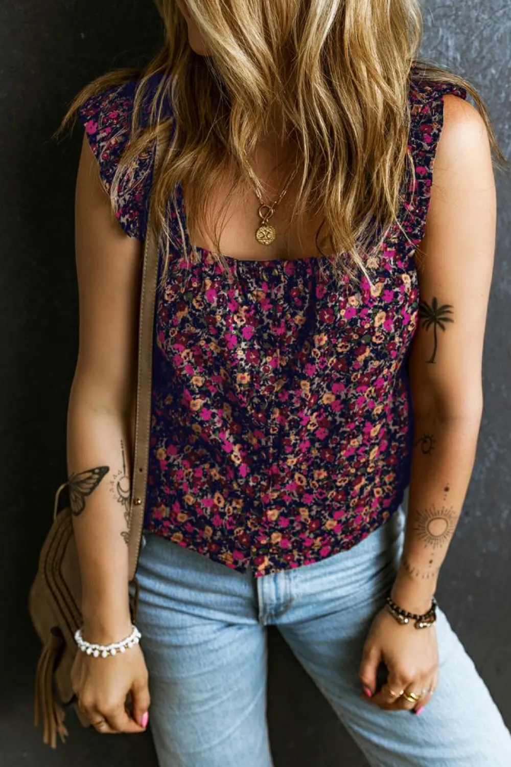 Sale Dear-Lover Boho Frilled Straps Floral Tank Top Rose
