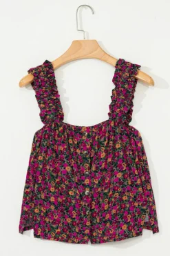 Sale Dear-Lover Boho Frilled Straps Floral Tank Top Rose