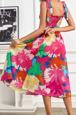 Hot Dear-Lover Bold Floral Print Knot Straps Smocked High Waist Midi Dress Rose