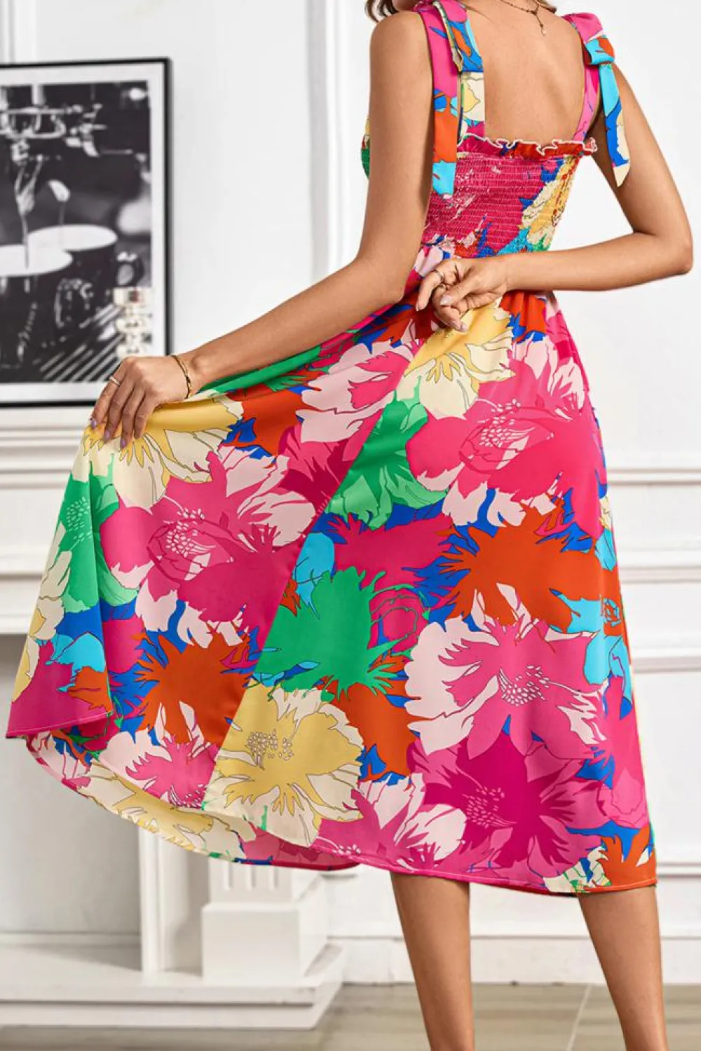 Hot Dear-Lover Bold Floral Print Knot Straps Smocked High Waist Midi Dress Rose