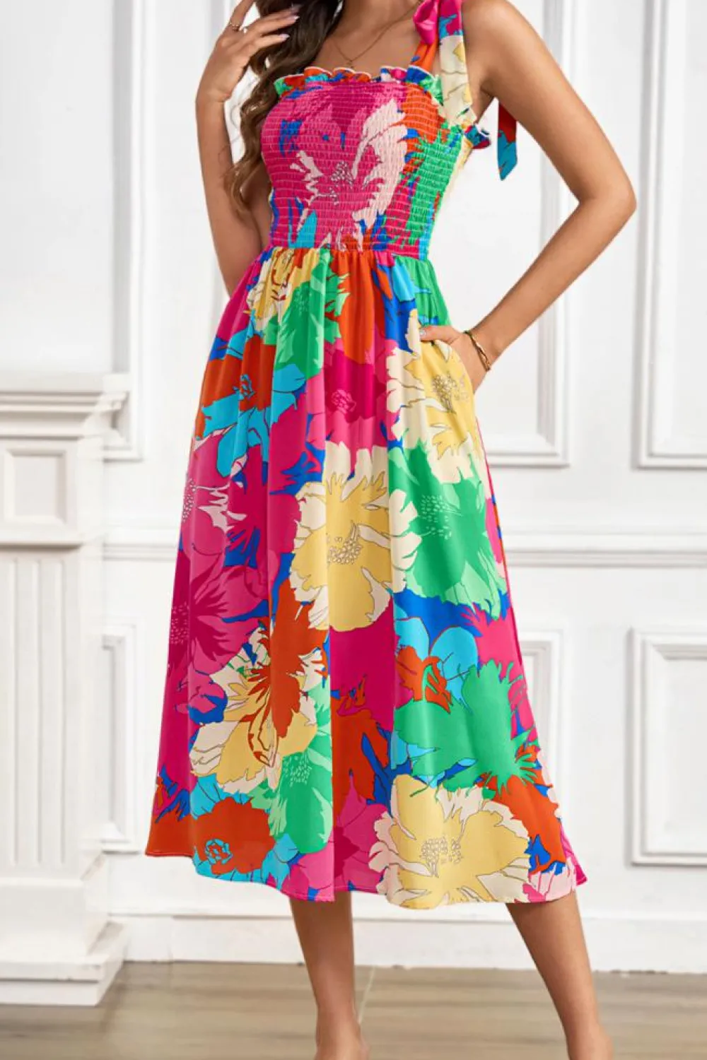 Hot Dear-Lover Bold Floral Print Knot Straps Smocked High Waist Midi Dress Rose