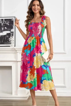Hot Dear-Lover Bold Floral Print Knot Straps Smocked High Waist Midi Dress Rose