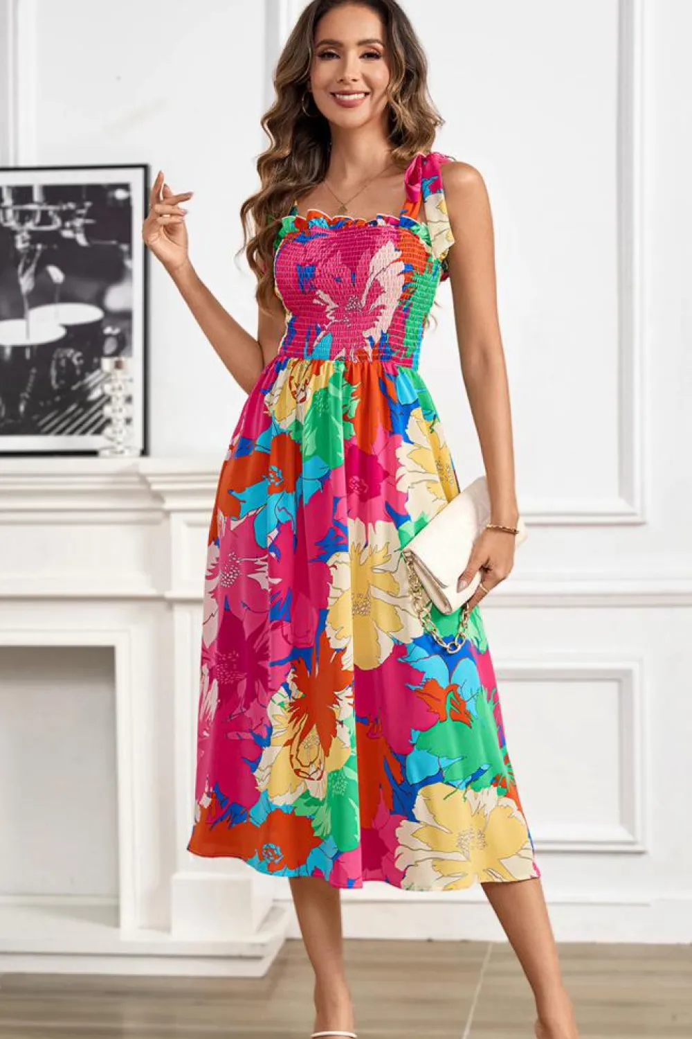 Hot Dear-Lover Bold Floral Print Knot Straps Smocked High Waist Midi Dress Rose