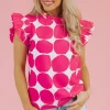New Dear-Lover Bubblegum Pattern Frilled Collar Flutter Sleeve Top Rose