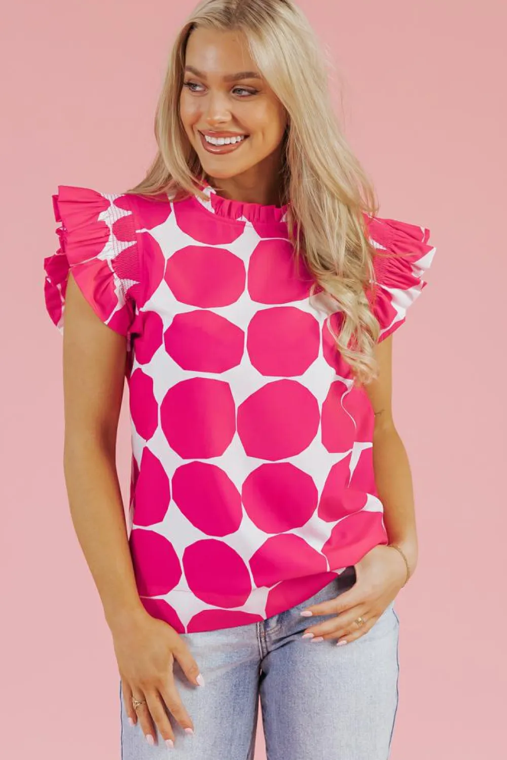 New Dear-Lover Bubblegum Pattern Frilled Collar Flutter Sleeve Top Rose