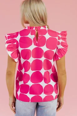 New Dear-Lover Bubblegum Pattern Frilled Collar Flutter Sleeve Top Rose