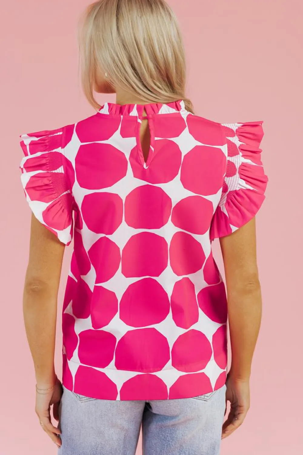 New Dear-Lover Bubblegum Pattern Frilled Collar Flutter Sleeve Top Rose