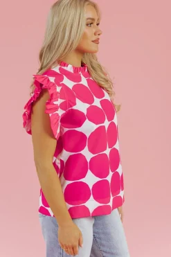 New Dear-Lover Bubblegum Pattern Frilled Collar Flutter Sleeve Top Rose