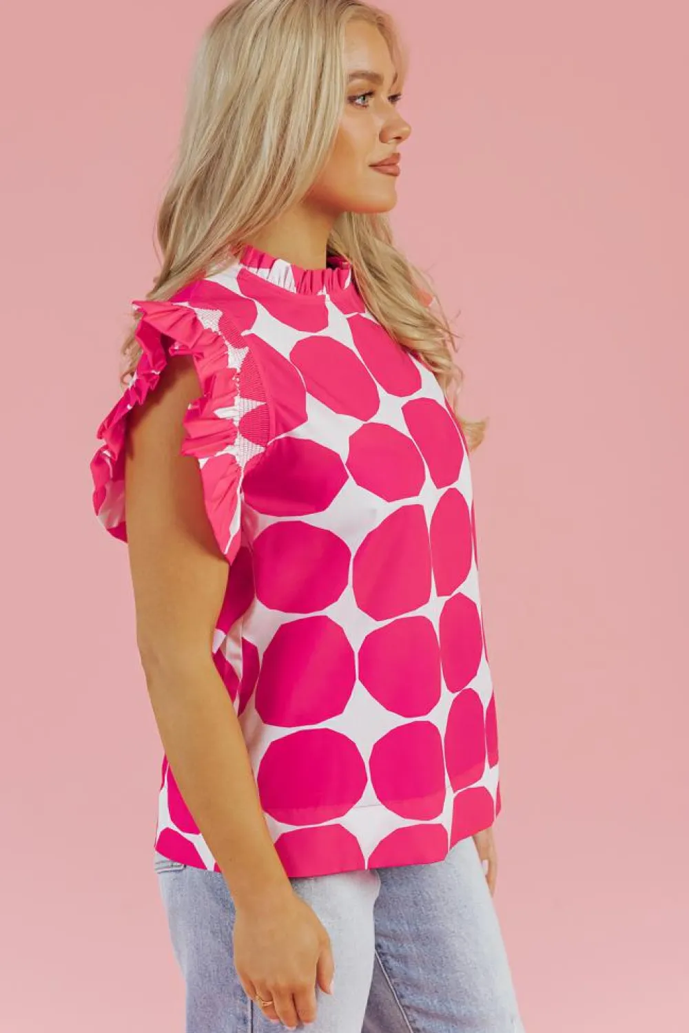 New Dear-Lover Bubblegum Pattern Frilled Collar Flutter Sleeve Top Rose