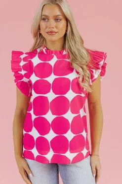 New Dear-Lover Bubblegum Pattern Frilled Collar Flutter Sleeve Top Rose