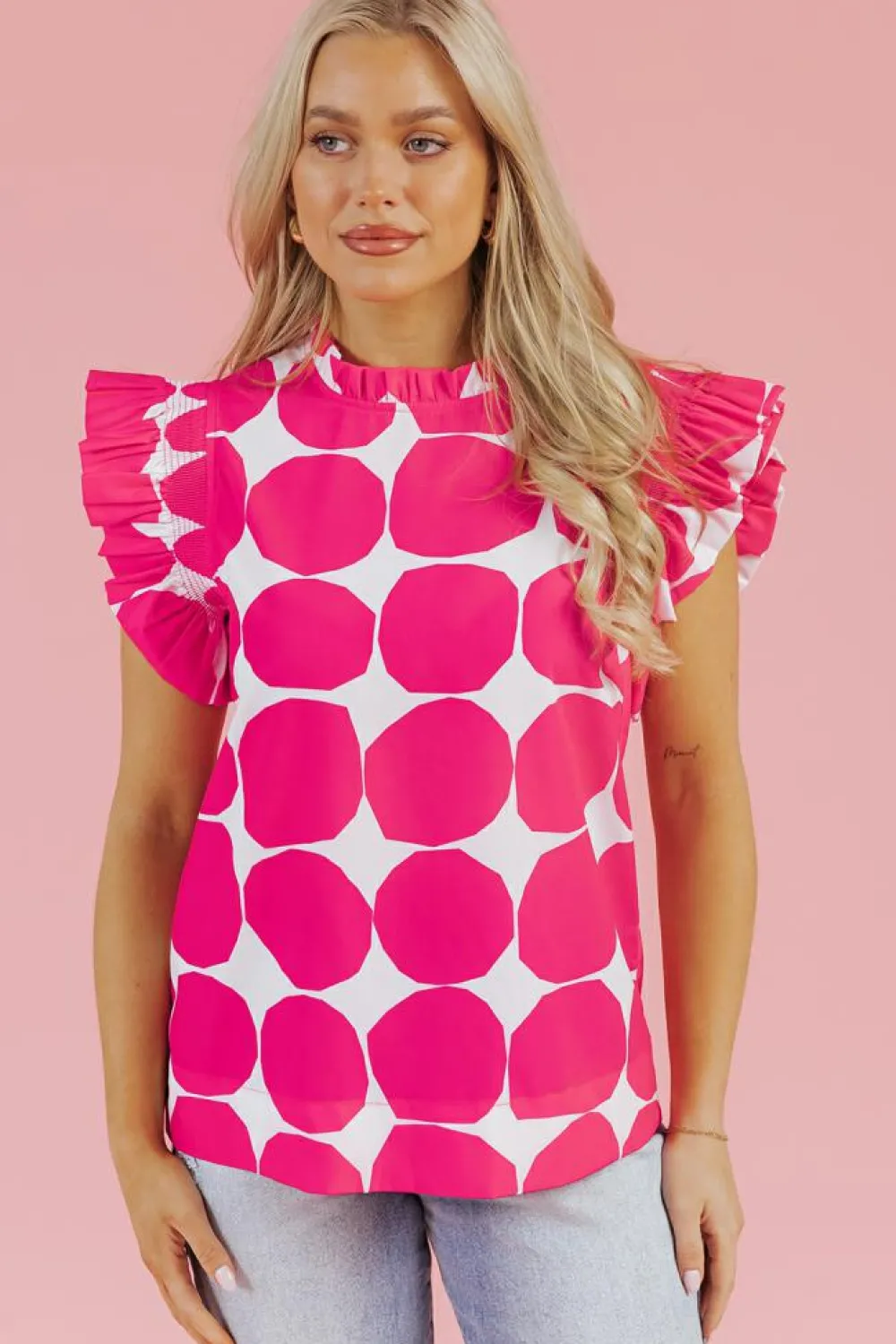 New Dear-Lover Bubblegum Pattern Frilled Collar Flutter Sleeve Top Rose