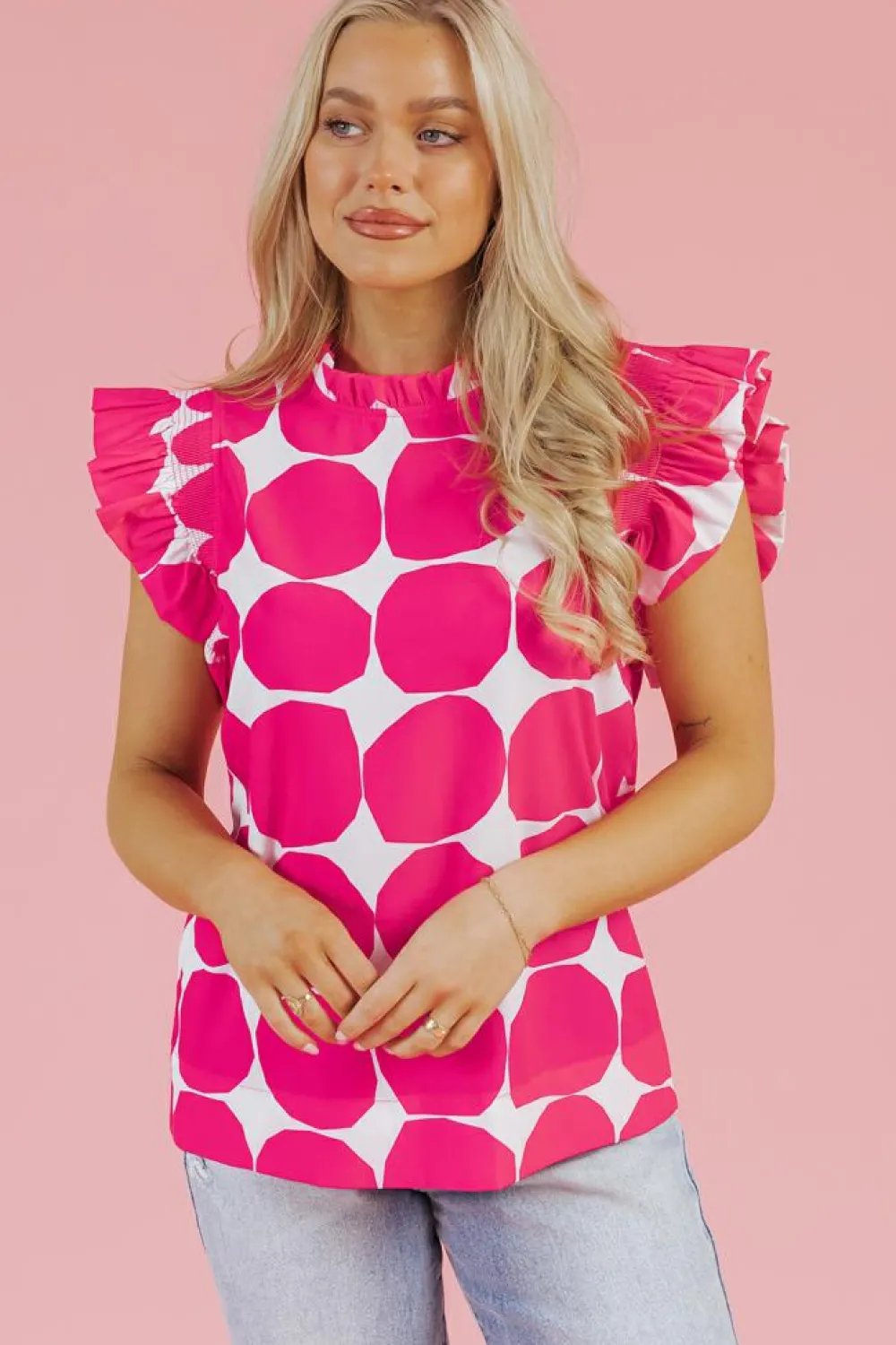 New Dear-Lover Bubblegum Pattern Frilled Collar Flutter Sleeve Top Rose