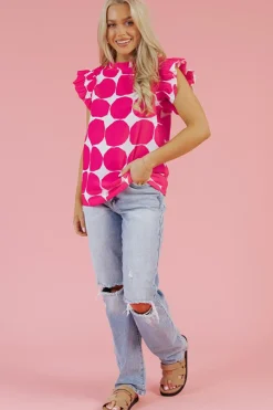 New Dear-Lover Bubblegum Pattern Frilled Collar Flutter Sleeve Top Rose