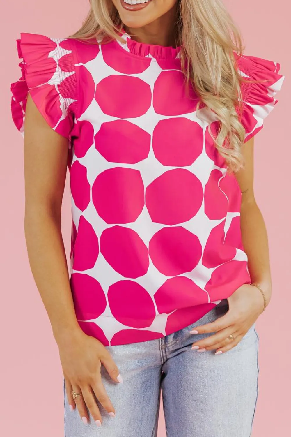New Dear-Lover Bubblegum Pattern Frilled Collar Flutter Sleeve Top Rose