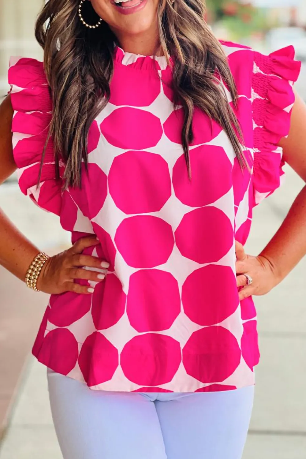 New Dear-Lover Bubblegum Pattern Frilled Collar Flutter Sleeve Top Rose