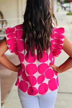 New Dear-Lover Bubblegum Pattern Frilled Collar Flutter Sleeve Top Rose