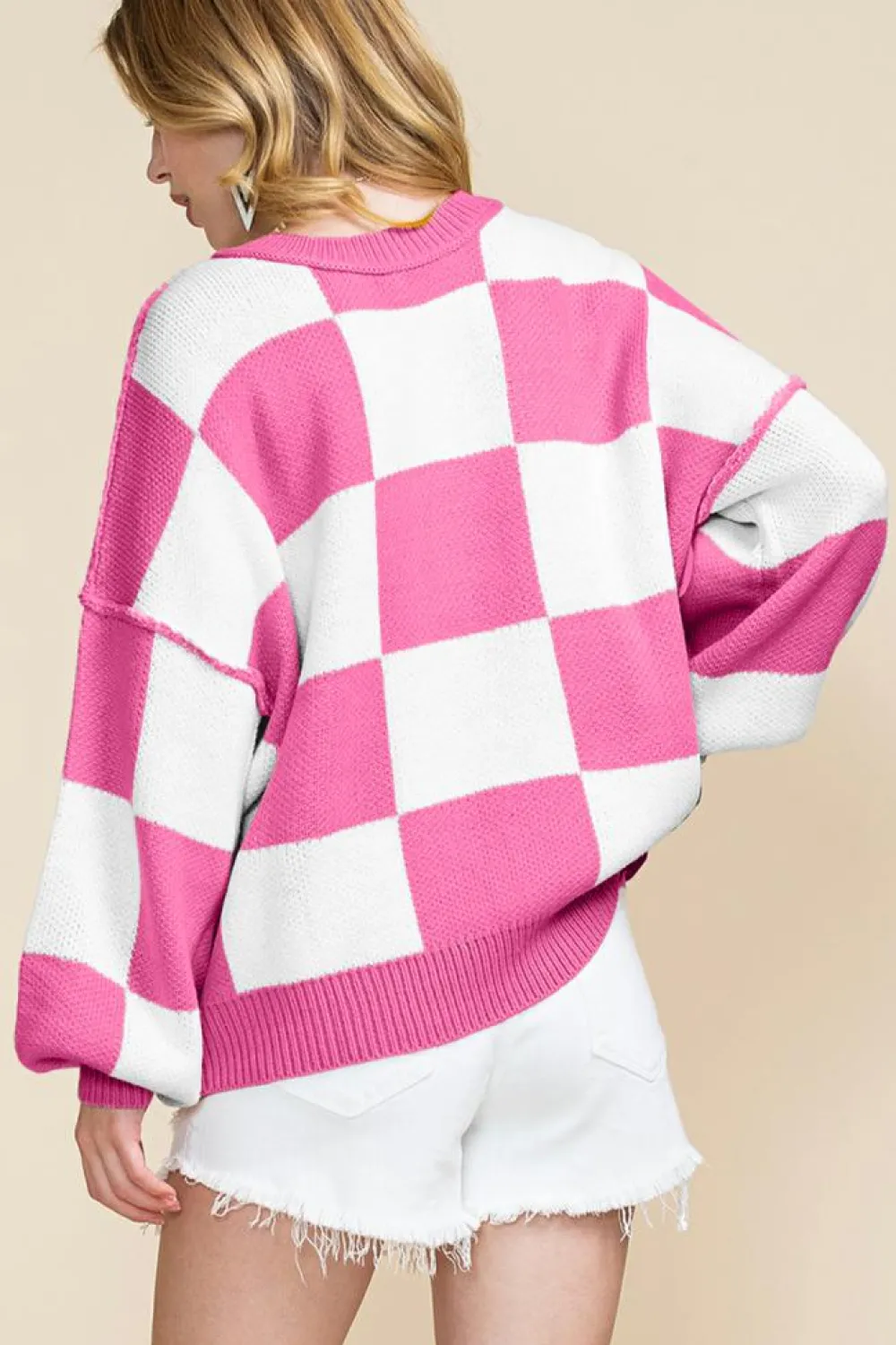 Online Dear-Lover Checkered Bishop Sleeve Sweater Rose