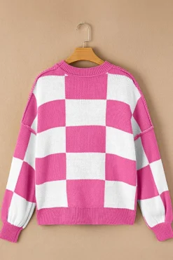 Online Dear-Lover Checkered Bishop Sleeve Sweater Rose