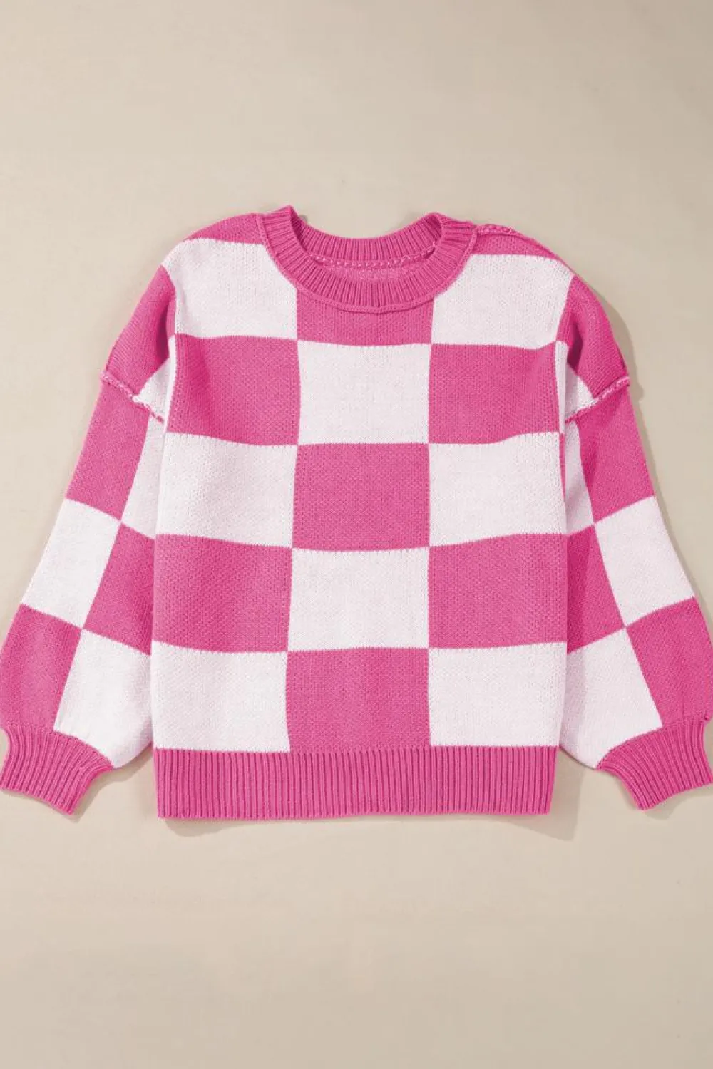 Online Dear-Lover Checkered Bishop Sleeve Sweater Rose