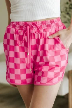 Best Dear-Lover Checkered Drawstring Elastic Waist Casual Shorts Rose