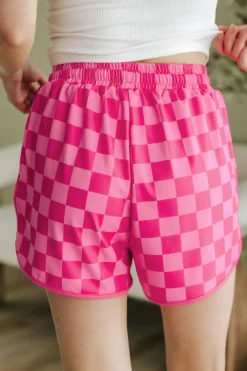 Best Dear-Lover Checkered Drawstring Elastic Waist Casual Shorts Rose